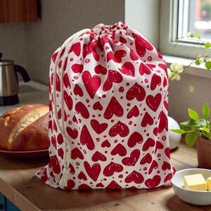 Valentine Red Heart & White Cotton Bread Bag, Reusable Sourdough Storage